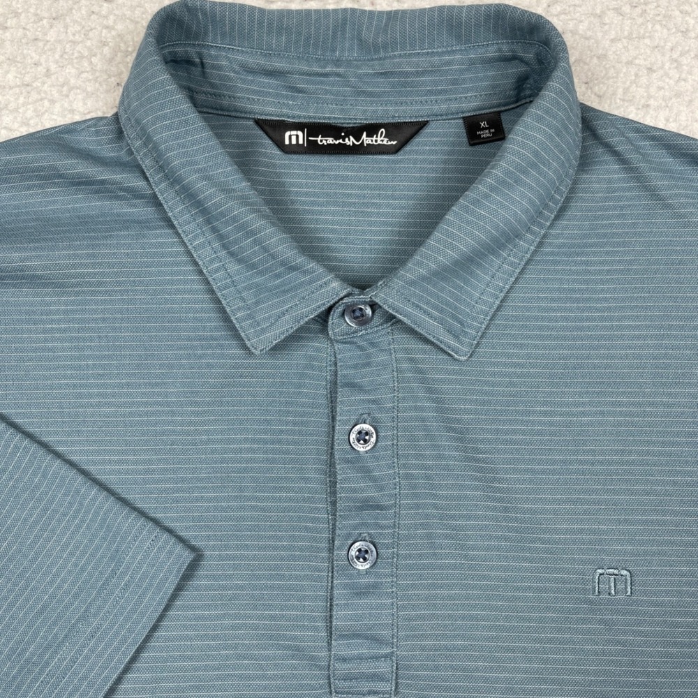 Travis Mathew Polo Mens XL Blue Pima Cotton Micro Stripe Golf Athleisure Casual